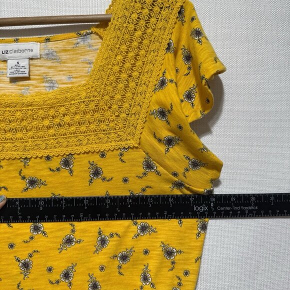 Liz Claiborne Blouse Women's Sm Yellow Short Cap Sleeve Flower Lace Square Neck - Picture 7 of 8